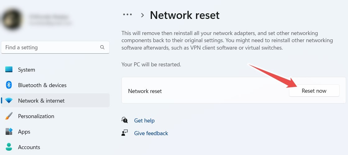 The "Reset now" button in Windows 11 settings.