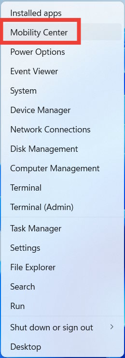 The "Mobility Center" option in the "Win+X" menu.