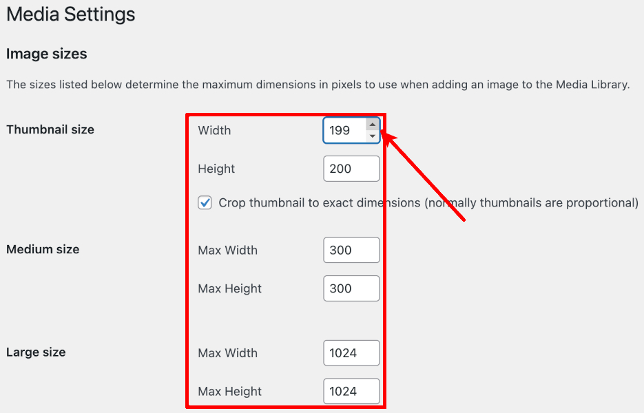 Wordpress Media Settings Image Sizes