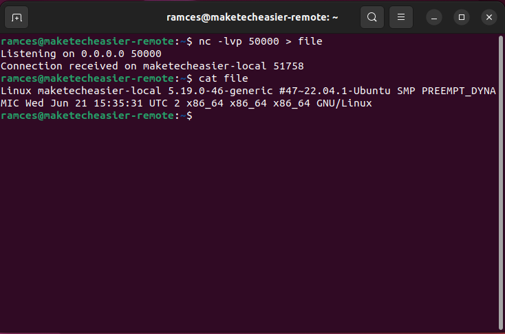 A terminal showing a simple text transfer using netcat.