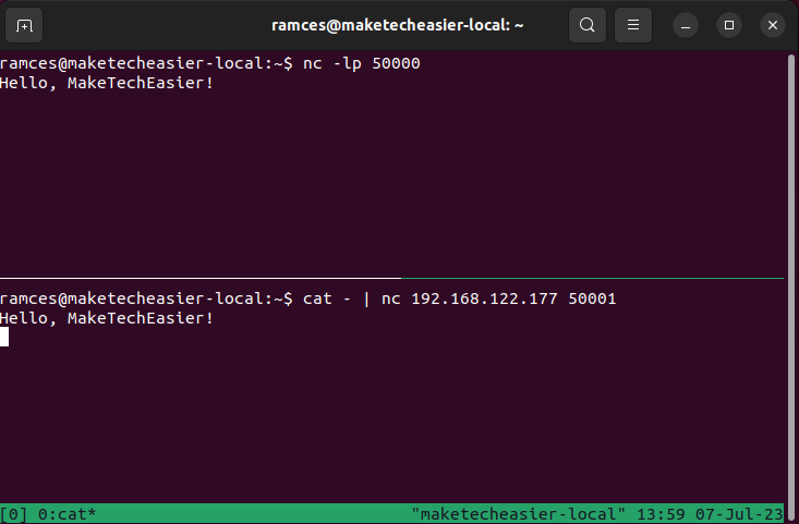 A terminal showing two virtual terminals for a full duplex netcat chat.
