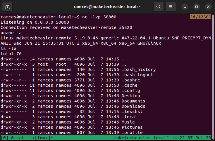 A terminal showing the output of a successful reverse shell.