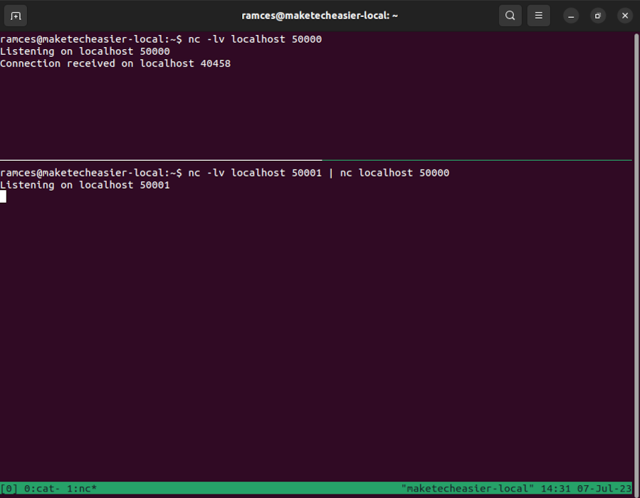 A terminal showing the passthrough connection between two ports.