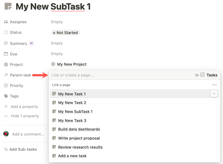 Parent Task field dropdown