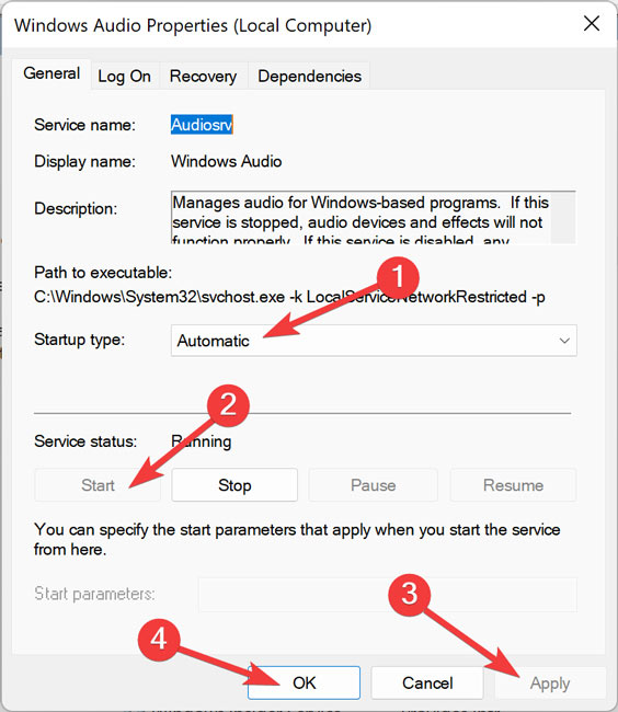 Adjusting the Windows Audio Service settings.