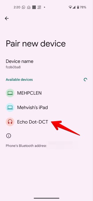 Select your Echo device in Pair new device