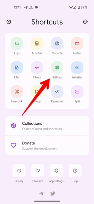 Clicking on "Settings" option in Shortcut Maker app. 