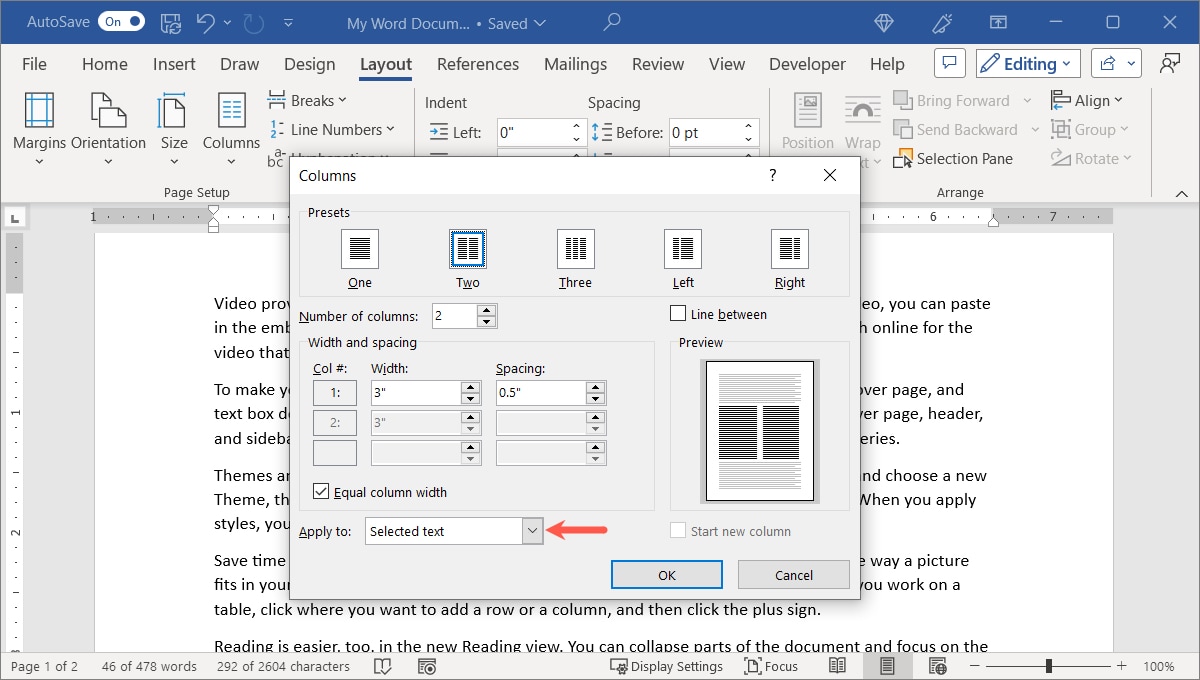 Selected Text in the Apply To dropdown
