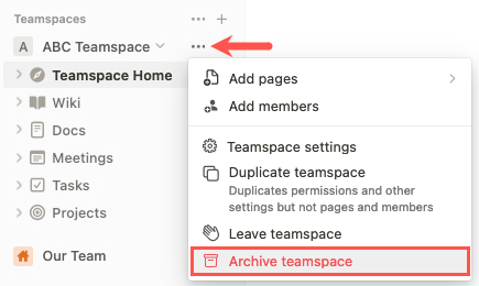 Archive Teamspace in the Teamspace menu
