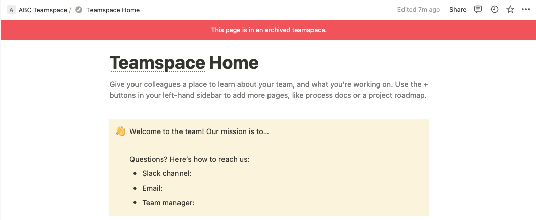 Archived Banner on a Teamspace page