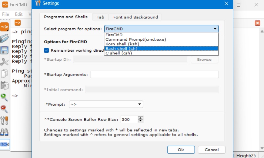 FireCMD Terminal in Windows PC with Linux options such as .sh, .ksh, and C shell visible. 
