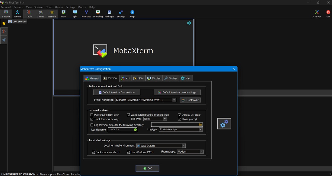 MobaXterm terminal emulator with four split screens and multiple SSH taps. 
