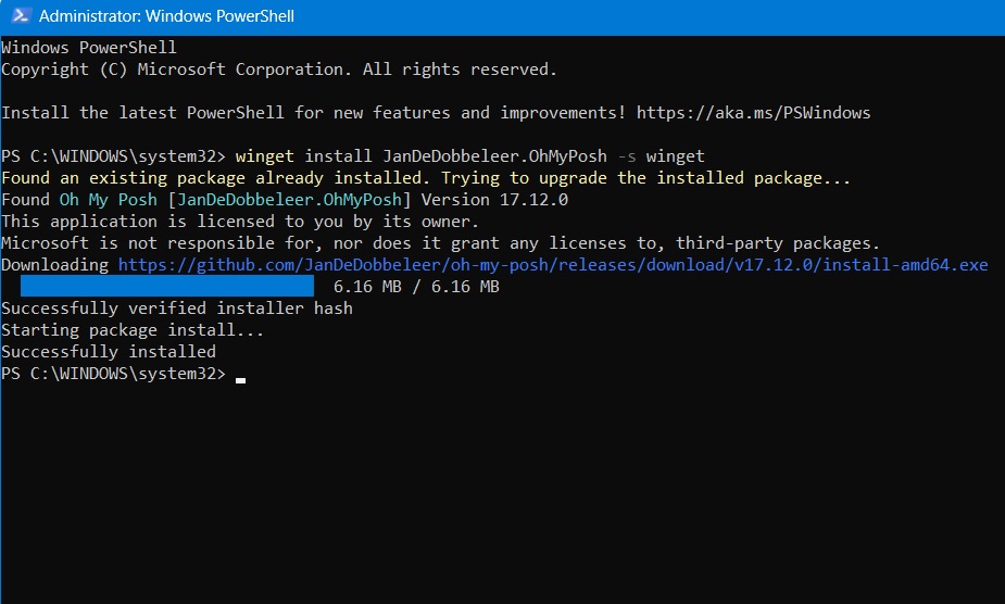 Oh My Posh emulator in Windows PowerShell administrator mode. 