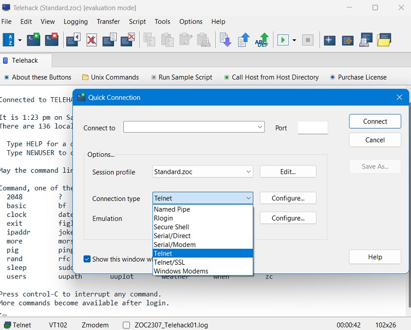 Telnet script running on ZOC Terminal in Windows operating system. 