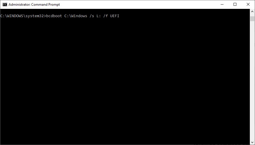 Running "bcdboot" command in cmd.