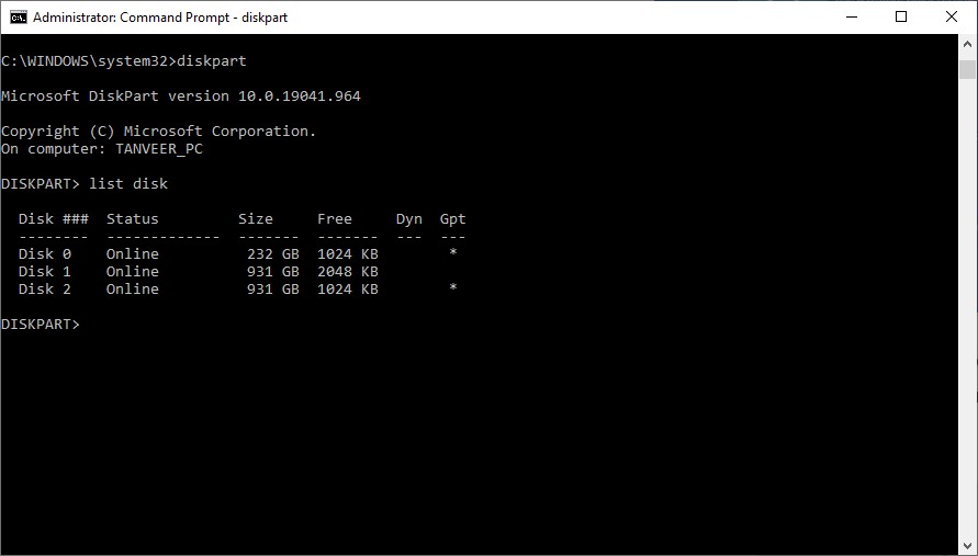 Cmd showing partitions available.