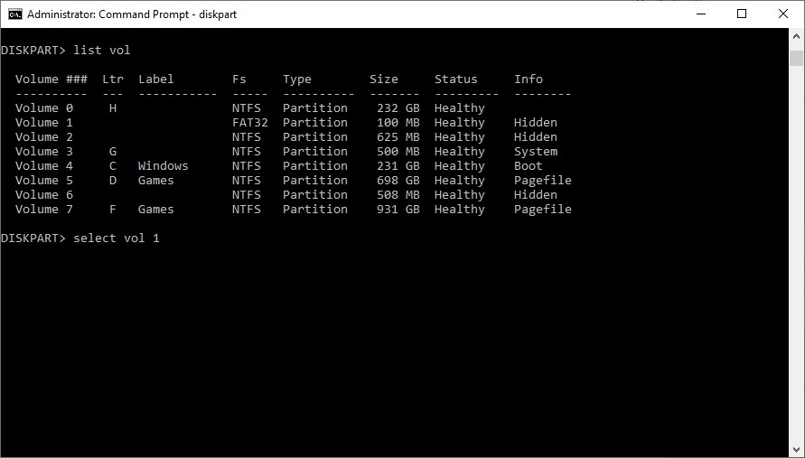 Selecting EFI partition in cmd.