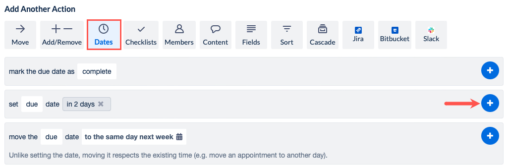 Card Button Due Date action