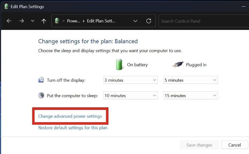 Clicking "Change advanced power settings" in Power plans.