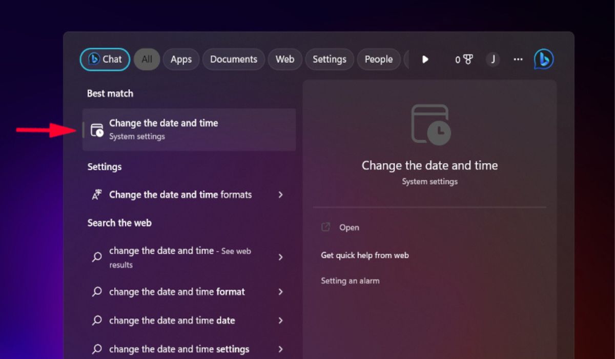 Select "Change the date and time" in Windows Search bar.