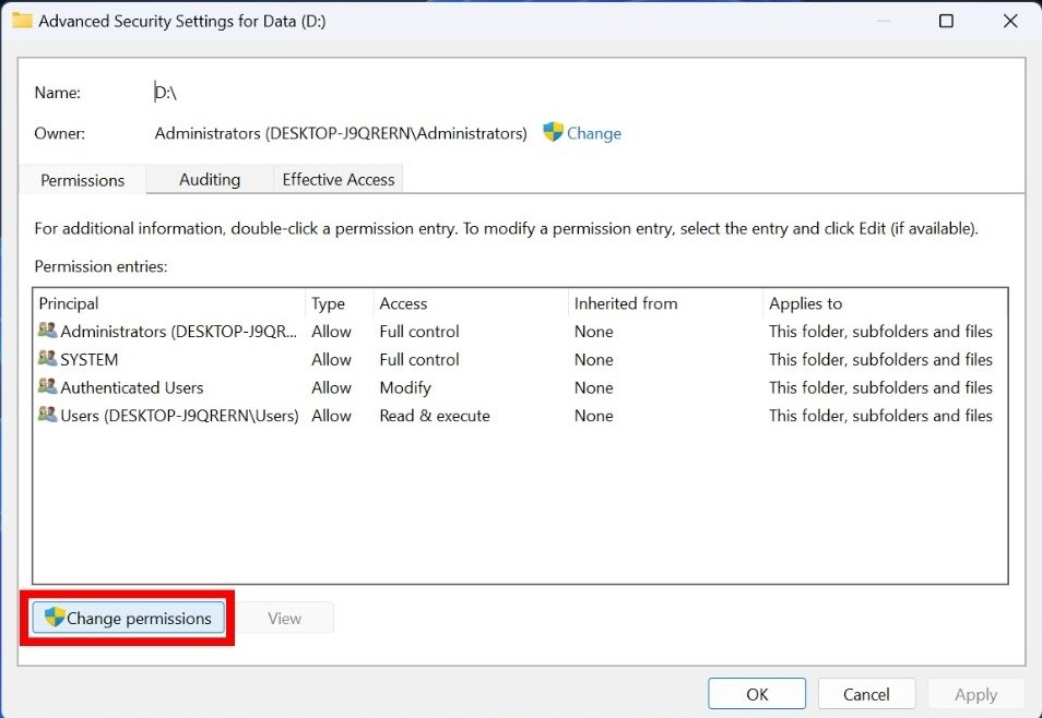 Selecting "Change permissions" in the lower left corner in Advanced Security Settings window.