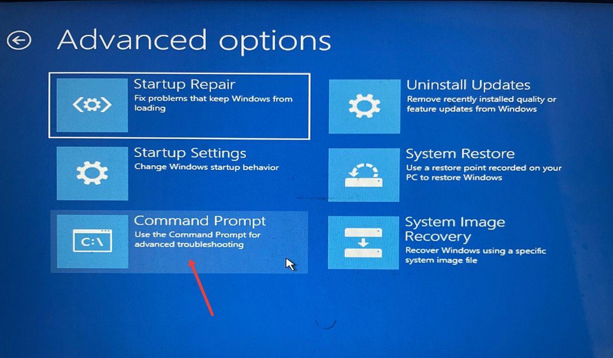 Clicking on "Command Prompt" from Recovery environment. 