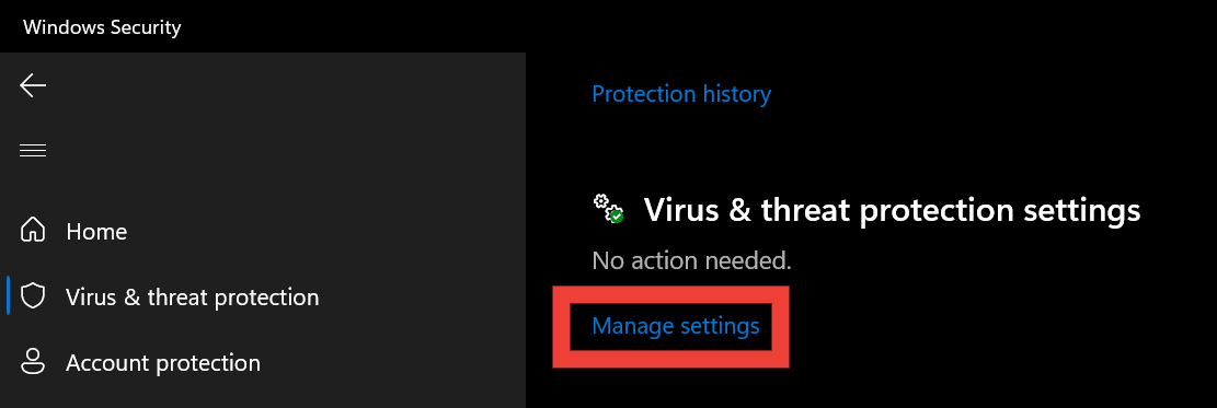 Clicking "Manage settings" in "Virus & threat protection settings" in Windows Security.