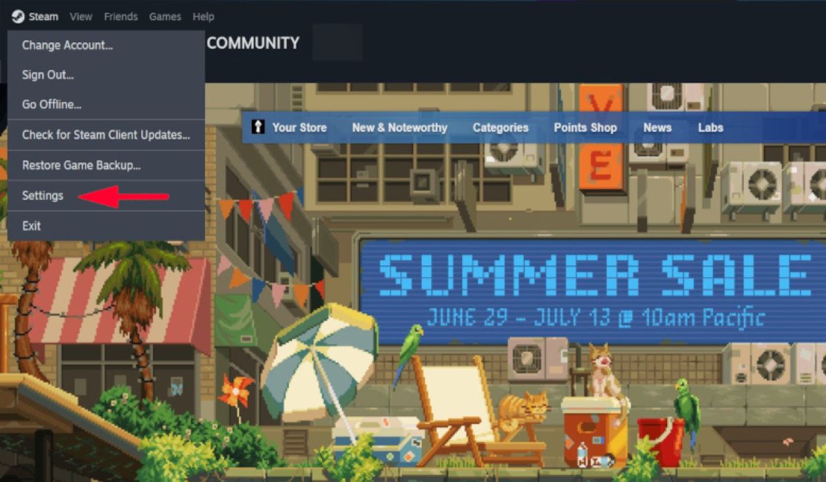 Selecting "Settings" in the Steam menu.