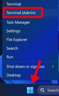 Right-clicking the Windows Start button and selecting Terminal (Admin.)