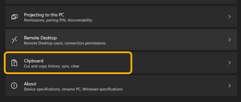 Clicking on "Clipboard" option in Settings. 