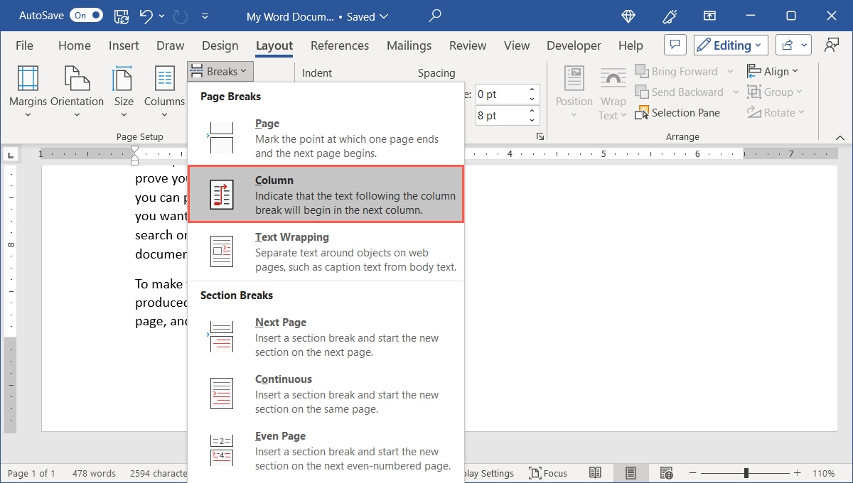 Column in the Word Breaks menu