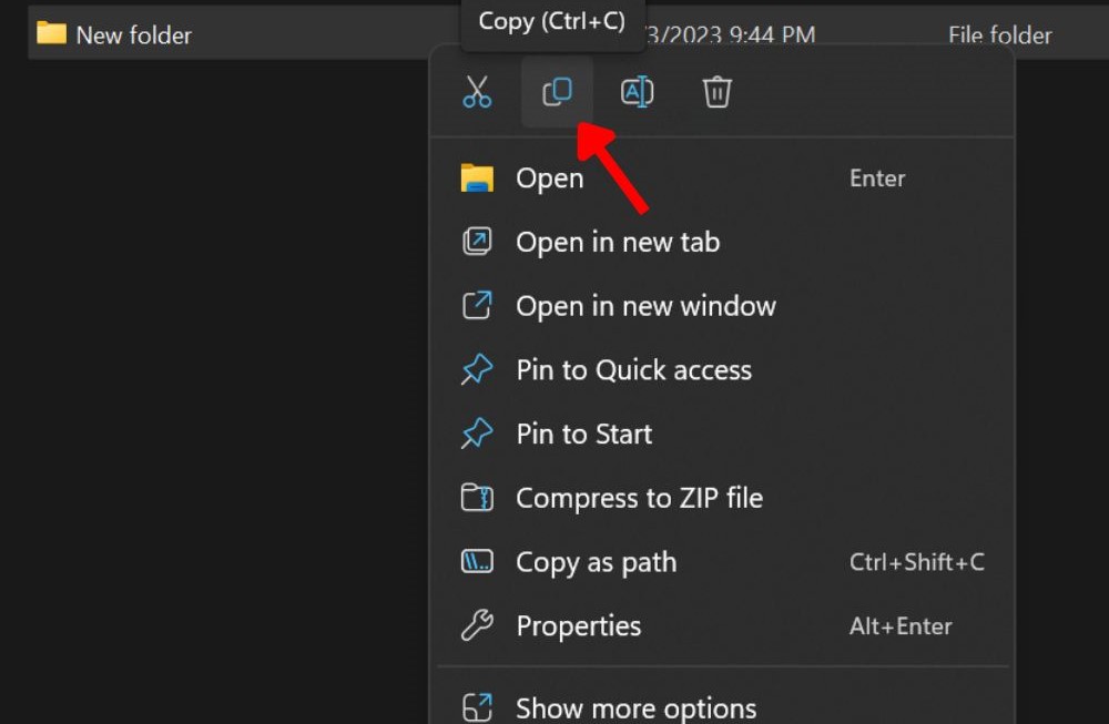 Clicking the "Copy" icon from the drop down menu in File Explorer.