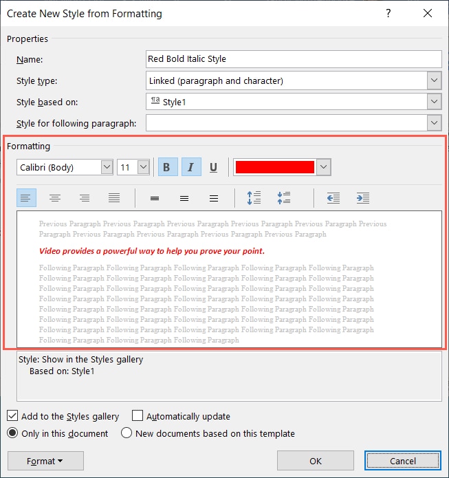 Create New Style Formatting in Word