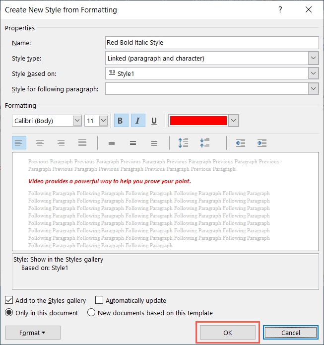 Create New Style OK button in Word