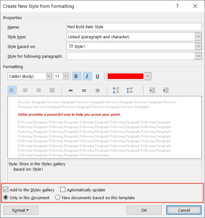 Create New Style other options in Word
