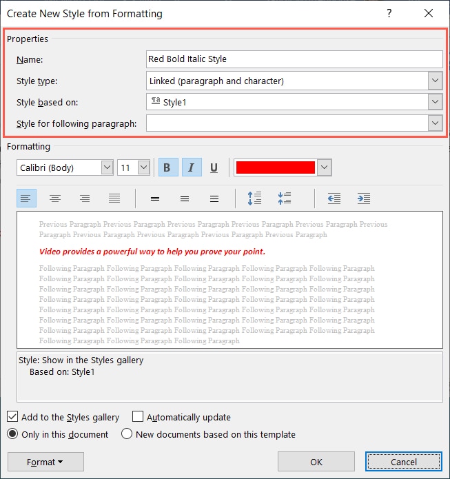 Create New Style Properties in Word
