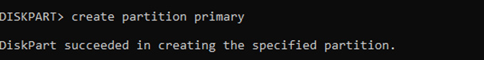Typing "create partition primary" command in Terminal app.