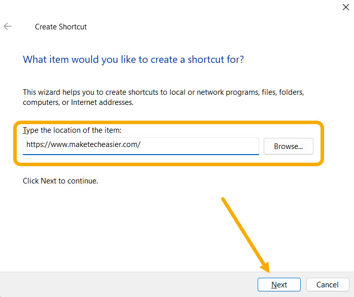 Adding URL in "Create shortcut" window. 