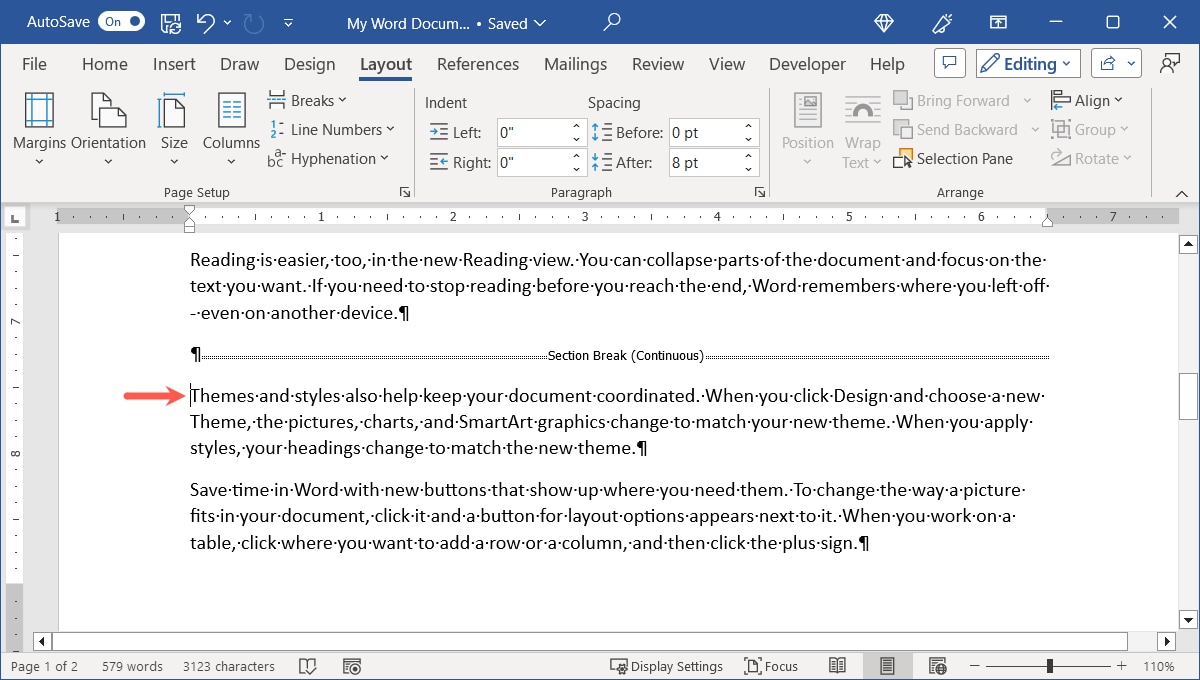 Cursor in a section for columns