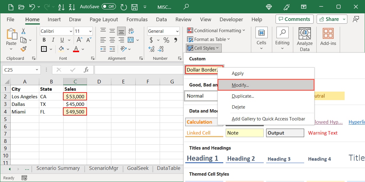 Modify in the Custom Style menu in Excel
