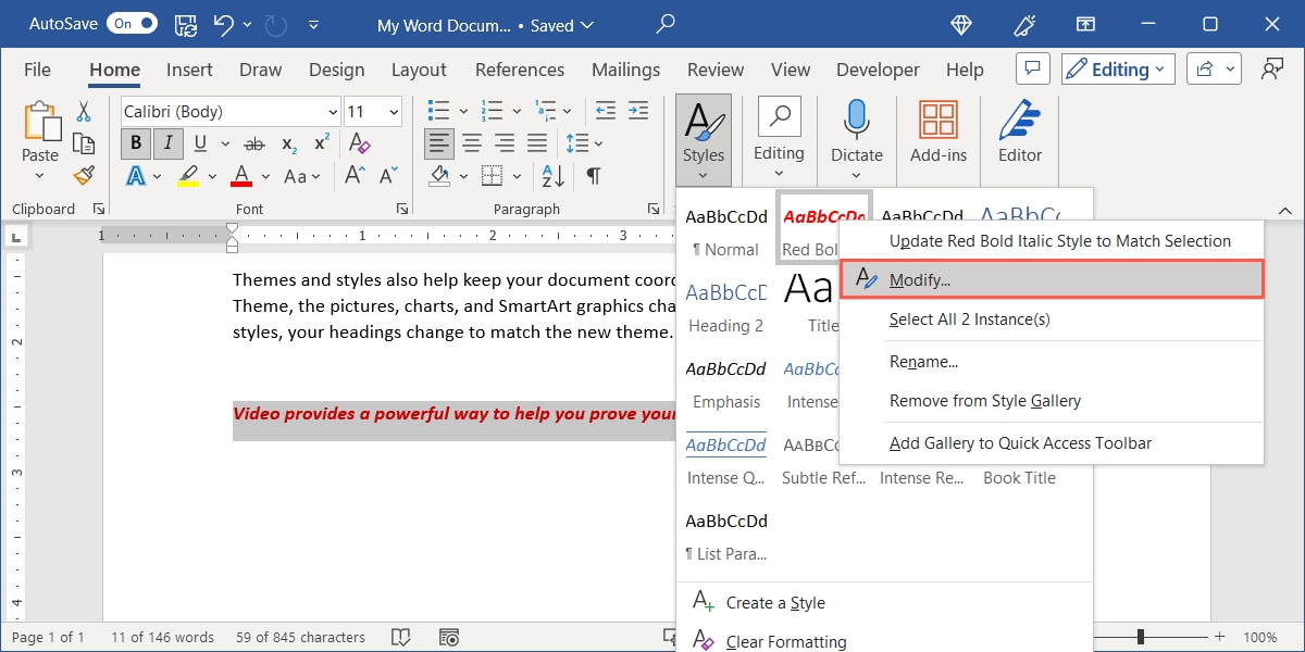 Modify in the Custom Style menu in Word