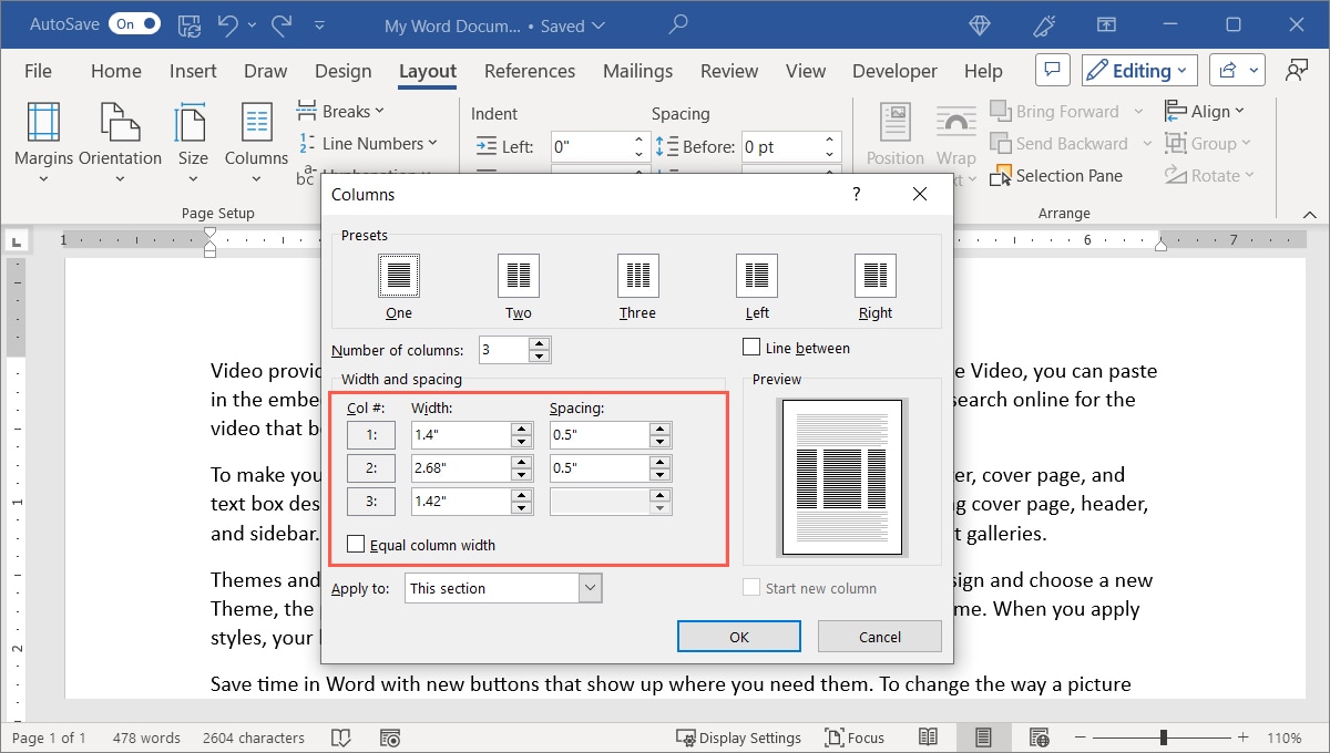 Column Width and Spacing settings