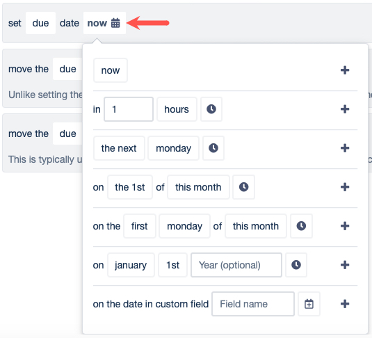Dates options for a rule