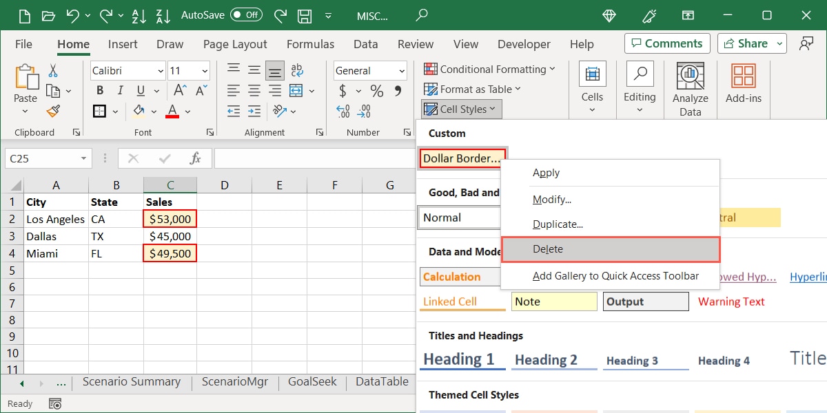 Delete in the Custom Style menu