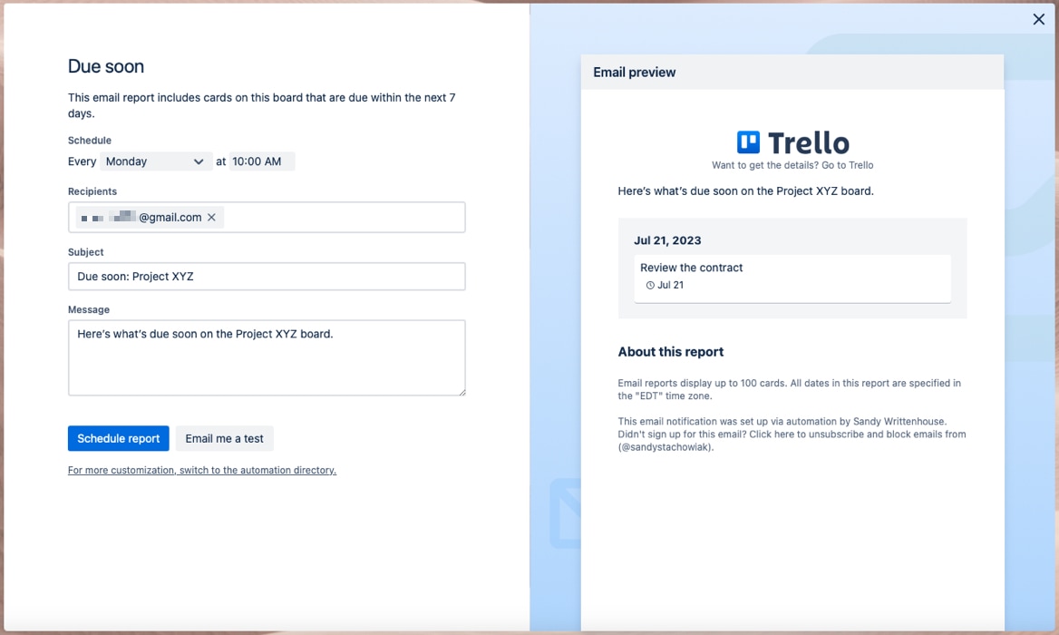 Due Soon Email Report setup screen