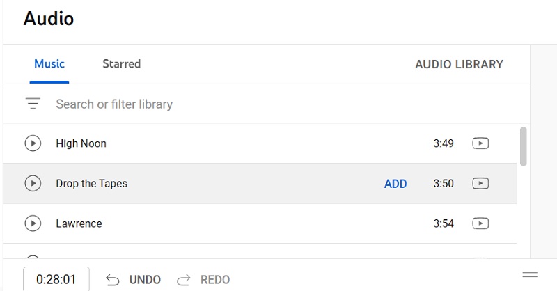 Click "Add" to add a new audio as music track from the library of YouTube Studio video editor. 