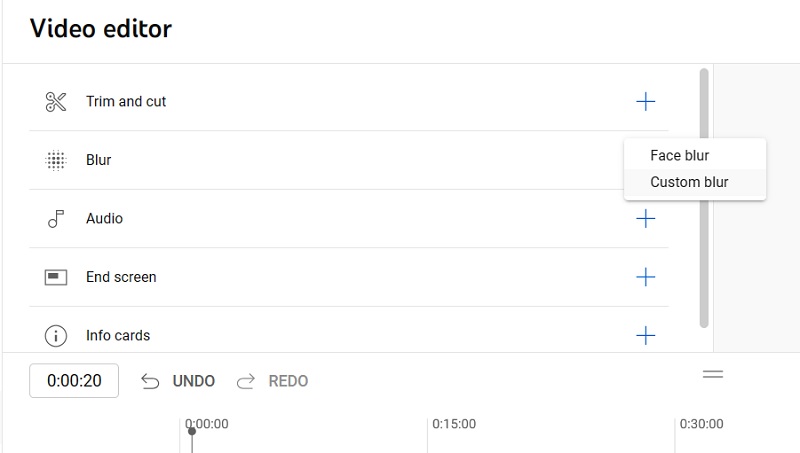Select either face blur or custom blur in YouTube Studio's video editor. 