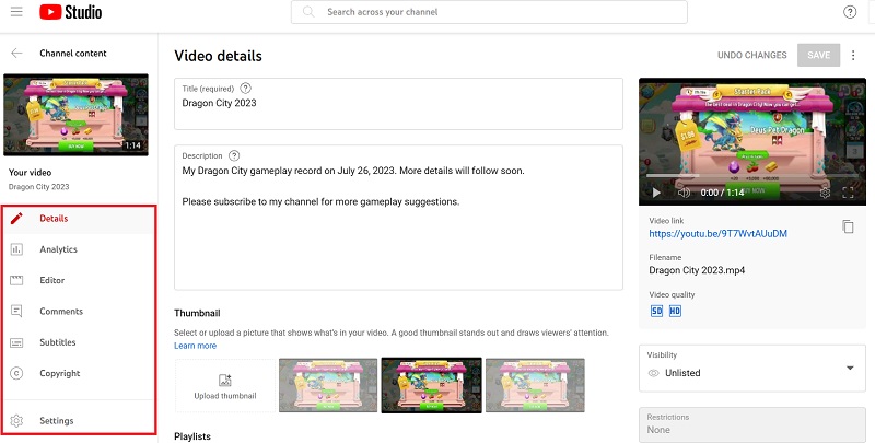 Additional detail options of published video in the left side of YouTube Studio. 