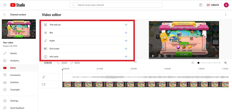 YouTube Studio Video Editor options in the center. 