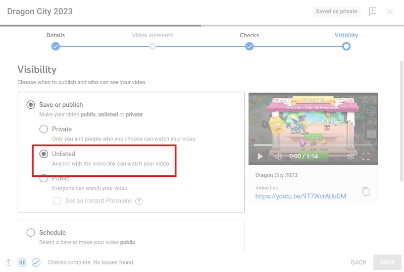 YouTube video visibility as unlisted in YouTube Studio. 
